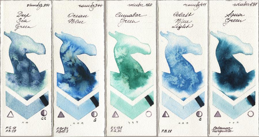 Shminke Horadam Aquarell 954 Deep Sea Green vs Roman Szmal Aquarius 344 Ocean Blue vs Winsor & Newton Professional 420 Cinnabar Green vs 411 Cobalt Blue Light vs 697 Aqua Green watercolor swatch