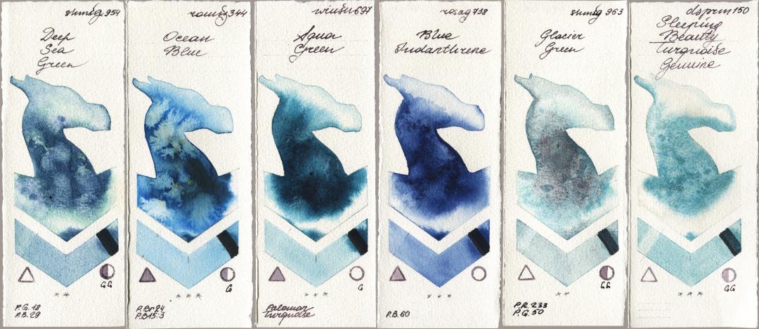 Shminke Horadam Aquarell 954 Deep Sea Green, Roman Szmal Aquarius 344 Ocean Blue, Winsor & Newton Professional 697 Aqua Green, Rosa Gallery 738 Blue Indanthrene, 963 Glacier Green, Daniel Smith 150 Sleeping Beauty Turquoise Genui watercolor swatch