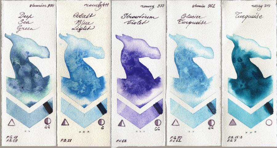 Shminke Horadam Aquarell 954 Deep Sea Green vs Roman Szmal Aquarius 411 Cobalt Blue Light vs 377 Strontium Violet vs 962 Glacier Turquoise vs Rosa Gallery 714 Turquiose watercolor swatch