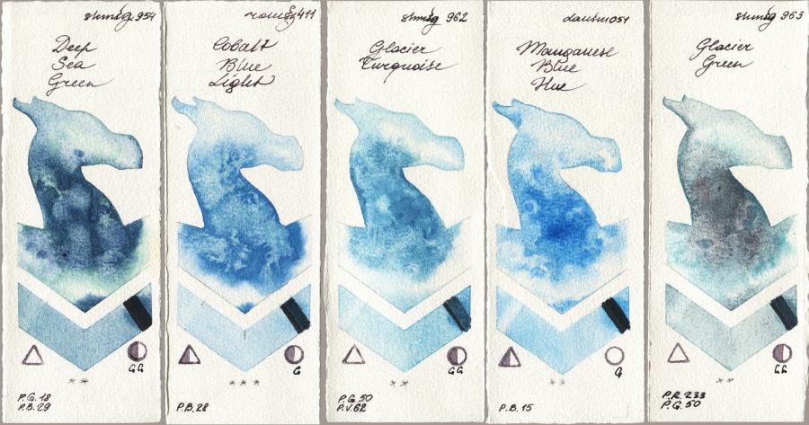 Shminke Horadam Aquarell 954 Deep Sea Green vs Roman Szmal Aquarius 411 Cobalt Blue Light vs 962 Glacier Turquoise vs Daniel Smith 051 Manganese Blue Hue vs 963 Glacier Green watercolor swatch