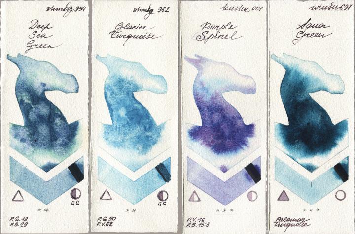Shminke Horadam Aquarell 954 Deep Sea Green vs 962 Glacier Turquoise vs Kusakabe 001 Purple Spinel vs Winsor & Newton Professional 697 Aqua Green watercolor swatch