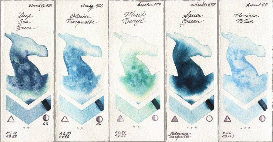 Shminke Horadam Aquarell 954 Deep Sea Green vs 962 Glacier Turquoise vs Kusakabe 007 Mint Beryl vs Winsor & Newton Professional 697 Aqua Green vs Kuretake Gansai Tambi 069 Horizon Blue watercolor swatch
