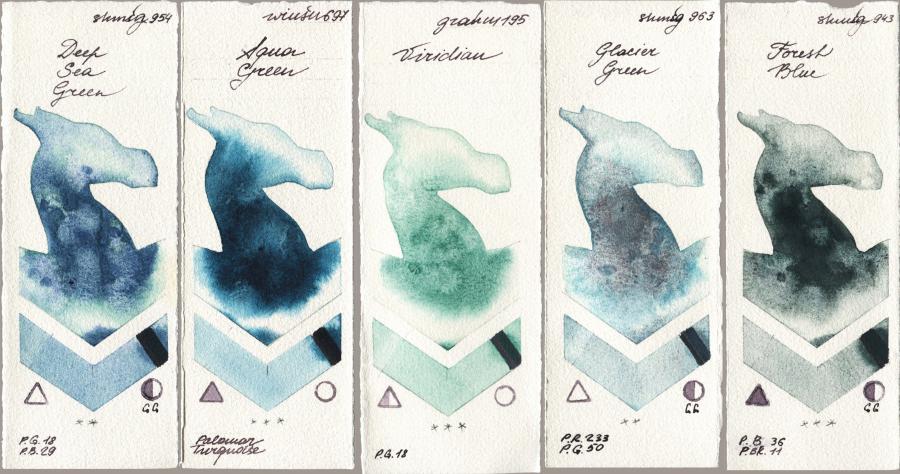 Shminke Horadam Aquarell 954 Deep Sea Green vs Winsor & Newton Professional 697 Aqua Green vs M. Graham & Co. Artists 195 Viridian vs 963 Glacier Green vs 943 Forest Blue watercolor swatch