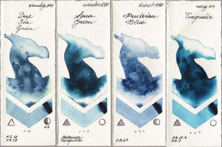 Shminke Horadam Aquarell 954 Deep Sea Green vs Winsor & Newton Professional 697 Aqua Green vs Kuretake Gansai Tambi 066 Prussian Blue vs Rosa Gallery 714 Turquiose watercolor swatch