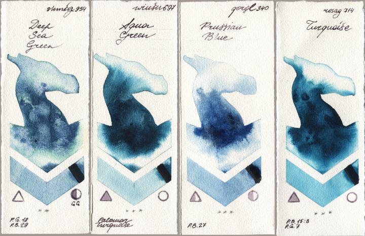 Shminke Horadam Aquarell 954 Deep Sea Green vs Winsor & Newton Professional 697 Aqua Green vs Golden QOR 340 Prussian Blue vs Rosa Gallery 714 Turquiose watercolor swatch