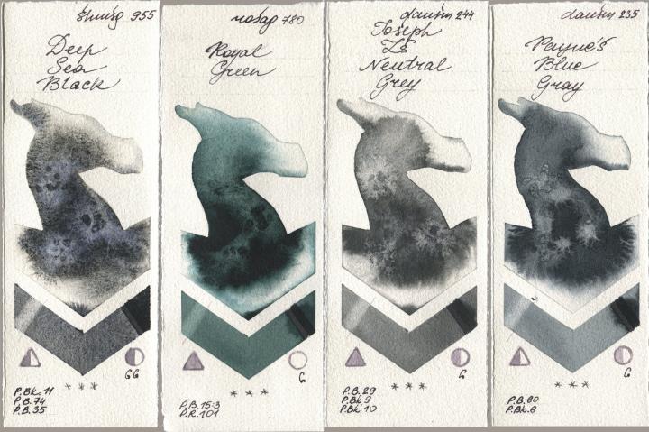 Shminke Horadam Aquarell 955 Deep Sea Black, Rosa Gallery 780 Royal Green, Daniel Smith 244 Joseph Zs Neutral Grey, 235 Paynes Blue Gr watercolor swatch