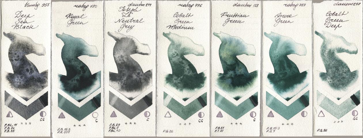 Shminke Horadam Aquarell 955 Deep Sea Black, Rosa Gallery 780 Royal Green, Daniel Smith 244 Joseph Zs Neutral Grey, 776 Cobalt Green Medium, 128 Prussian Green, 767 Azure Green, 258 Cobalt Green De watercolor swatch