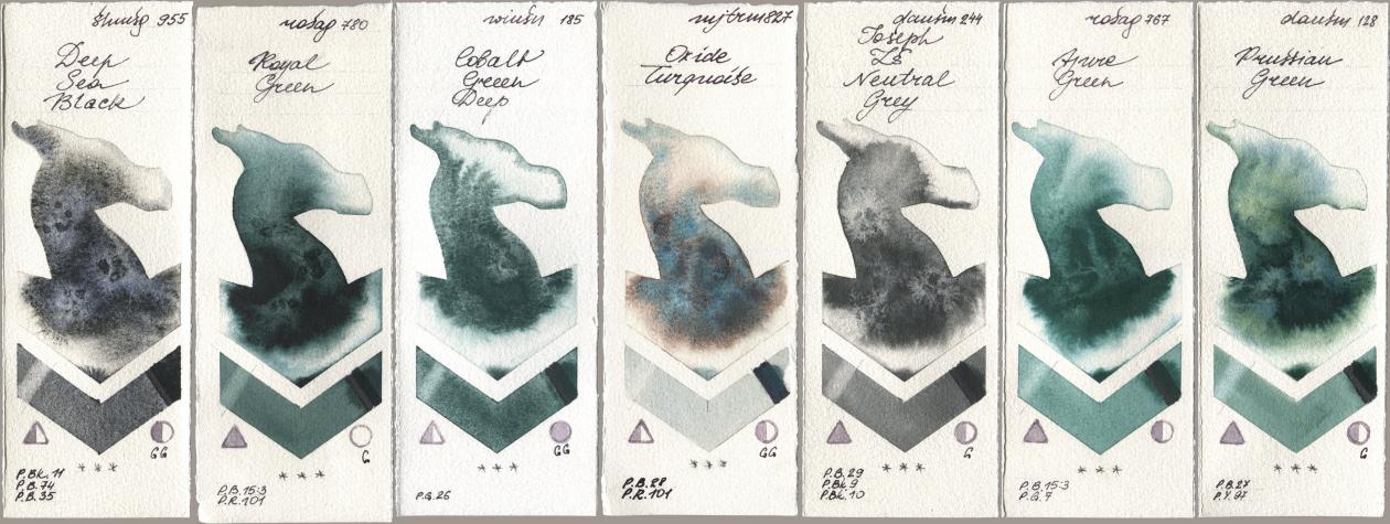 Shminke Horadam Aquarell 955 Deep Sea Black, Rosa Gallery 780 Royal Green, Winsor & Newton Professional 185 Cobalt Green Deep, Mijello Mission Gold 827 Oxide Turquoise, Daniel Smith 244 Joseph Zs Neutral Grey, 767 Azure Green, 128 Prussian Gre watercolor swatch