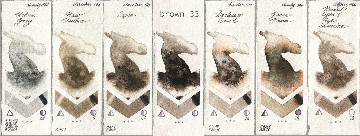 Shminke Horadam Aquarell 956 Urban Grey, Daniel Smith 097 Raw Umber, 103 Sepia, my 033 brown33, Kusakabe 012 Darkness Sand, 964 Glacier Brown, 162 Burnt Tigers Eye Genui watercolor swatch