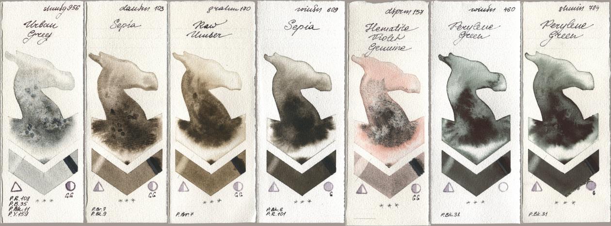 Shminke Horadam Aquarell 956 Urban Grey, Daniel Smith 103 Sepia, M. Graham & Co. Artists 170 Raw Umber, Winsor & Newton Professional 609 Sepia, 157 Hematite Violet Genuine, 460 Perylene Green, 784 Perylene Gre watercolor swatch