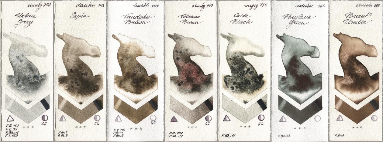 Shminke Horadam Aquarell 956 Urban Grey, Daniel Smith 103 Sepia, Holbein Artists Watercolor 139 Vandyke Brown, 915 Volcano Brown, Royal Talens Van Gogh Watercolour 735 Oxide Black, Winsor & Newton Professional 460 Perylene Green, 668 Burnt Umb watercolor swatch