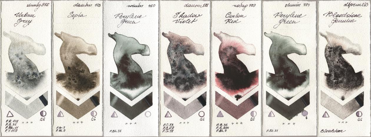 Shminke Horadam Aquarell 956 Urban Grey, Daniel Smith 103 Sepia, Winsor & Newton Professional 460 Perylene Green, 188 Shadow Violet, Rosa Gallery 769 Carbon Red, 784 Perylene Green, 193 Bloodstone Genui watercolor swatch
