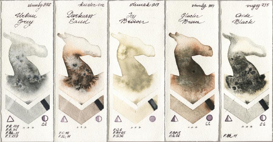 Shminke Horadam Aquarell 956 Urban Grey vs Kusakabe 012 Darkness Sand vs Shminke Akademie Aquarell 917 Icy Brown vs 964 Glacier Brown vs Royal Talens Van Gogh Watercolour 735 Oxide Black watercolor swatch