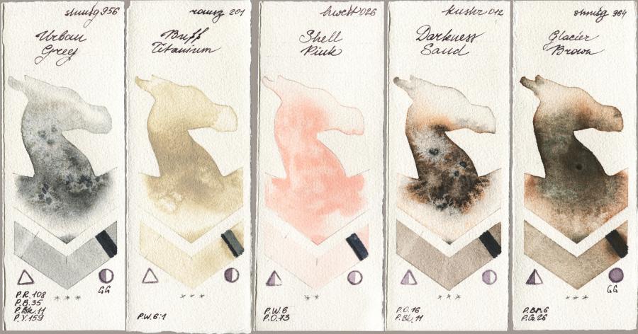 Shminke Horadam Aquarell 956 Urban Grey vs Roman Szmal Aquarius 201 Buff Titanium vs Holbein Artists Watercolor 026 Shell Pink vs Kusakabe 012 Darkness Sand vs 964 Glacier Brown watercolor swatch