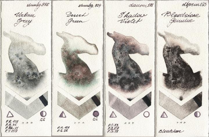 Shminke Horadam Aquarell 956 Urban Grey vs 924 Desert Green vs Daniel Smith 188 Shadow Violet vs 193 Bloodstone Genuine watercolor swatch