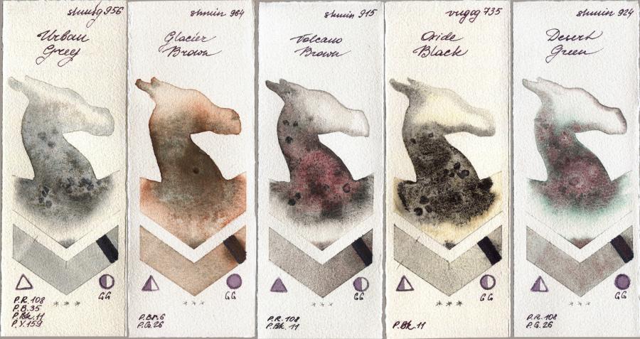 Shminke Horadam Aquarell 956 Urban Grey vs 964 Glacier Brown vs 915 Volcano Brown vs Royal Talens Van Gogh Watercolour 735 Oxide Black vs 924 Desert Green watercolor swatch