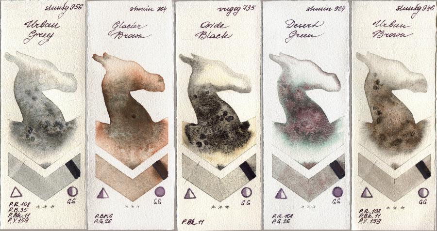 Shminke Horadam Aquarell 956 Urban Grey vs 964 Glacier Brown vs Royal Talens Van Gogh Watercolour 735 Oxide Black vs 924 Desert Green vs 946 Urban Brown watercolor swatch