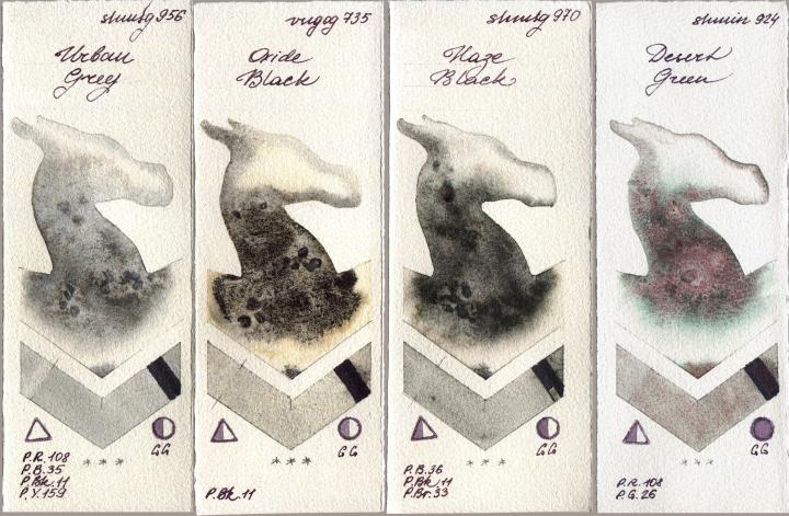 Shminke Horadam Aquarell 956 Urban Grey vs Royal Talens Van Gogh Watercolour 735 Oxide Black vs 970 Haze Black vs 924 Desert Green watercolor swatch