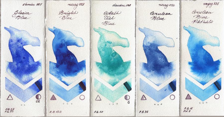Shminke Horadam Aquarell 961 Glacier Blue vs Rosa Gallery 729 Bright Blue vs Daniel Smith 028 Cobalt Teal Blue vs 752 Cerulean Blue vs Royal Talens Van Gogh Watercolour 535 Cerulean Blue Phthalo watercolor swatch