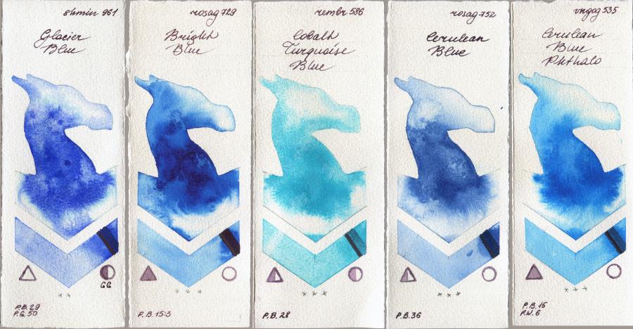 Shminke Horadam Aquarell 961 Glacier Blue vs Rosa Gallery 729 Bright Blue vs Royal Talens Rembrandt Watercolour 586 Cobalt Turquoise Blue vs 752 Cerulean Blue vs Royal Talens Van Gogh Watercolour 535 Cerulean Blue Phthalo watercolor swatch