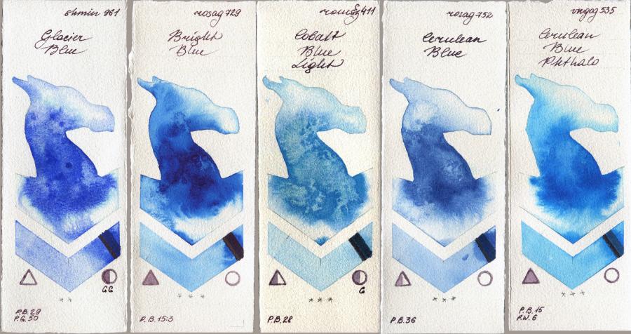 Shminke Horadam Aquarell 961 Glacier Blue vs Rosa Gallery 729 Bright Blue vs Roman Szmal Aquarius 411 Cobalt Blue Light vs 752 Cerulean Blue vs Royal Talens Van Gogh Watercolour 535 Cerulean Blue Phthalo watercolor swatch