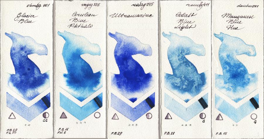 Shminke Horadam Aquarell 961 Glacier Blue vs Royal Talens Van Gogh Watercolour 535 Cerulean Blue Phthalo vs Rosa Gallery 715 Ultramarine vs Roman Szmal Aquarius 411 Cobalt Blue Light vs Daniel Smith 051 Manganese Blue Hue watercolor swatch