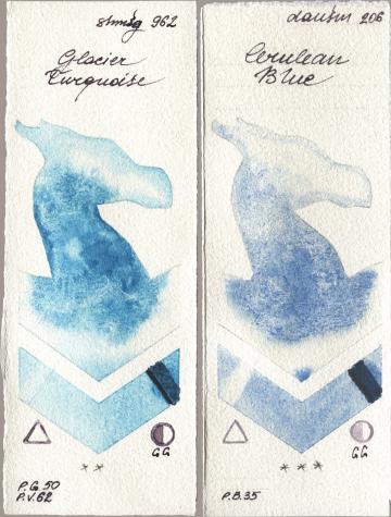 Shminke Horadam Aquarell 962 Glacier Turquoise, Daniel Smith 206 Cerulean Bl watercolor swatch