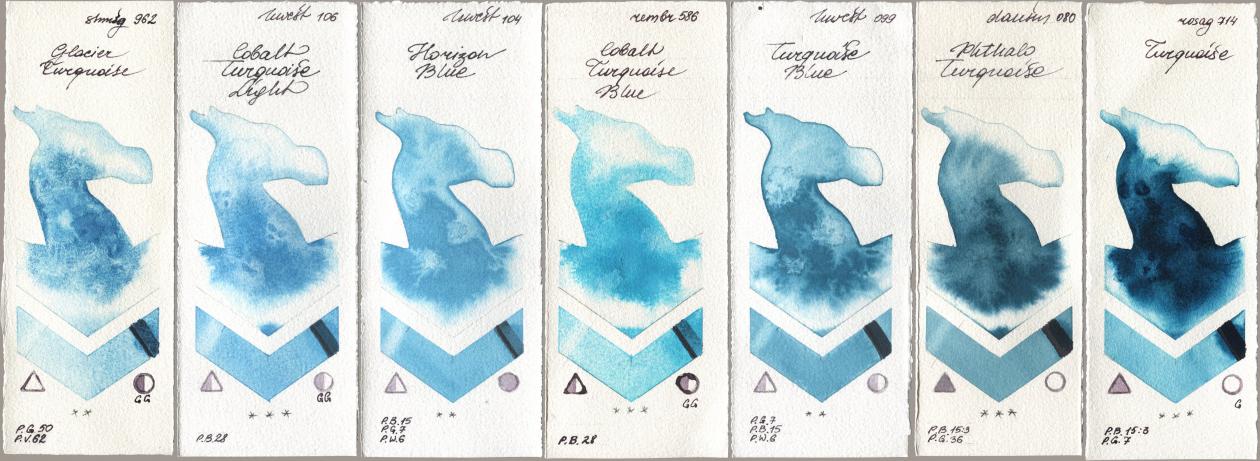 Shminke Horadam Aquarell 962 Glacier Turquoise, Holbein Artists Watercolor 106 Cobalt Turquoise Light, 104 Horizon Blue, Royal Talens Rembrandt Watercolour 586 Cobalt Turquoise Blue, 099 Turquoise Blue, Daniel Smith 080 Phthalo Turquoise, Rosa Gallery 714 Turquoi watercolor swatch