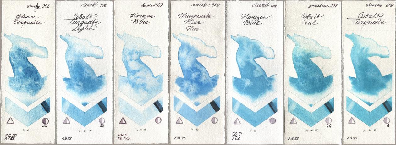 Shminke Horadam Aquarell 962 Glacier Turquoise, Holbein Artists Watercolor 106 Cobalt Turquoise Light, Kuretake Gansai Tambi 069 Horizon Blue, Winsor & Newton Professional 379 Manganese Blue Hue, 104 Horizon Blue, M. Graham & Co. Artists 097 Cobalt Teal, 509 Cobalt Turquoi watercolor swatch
