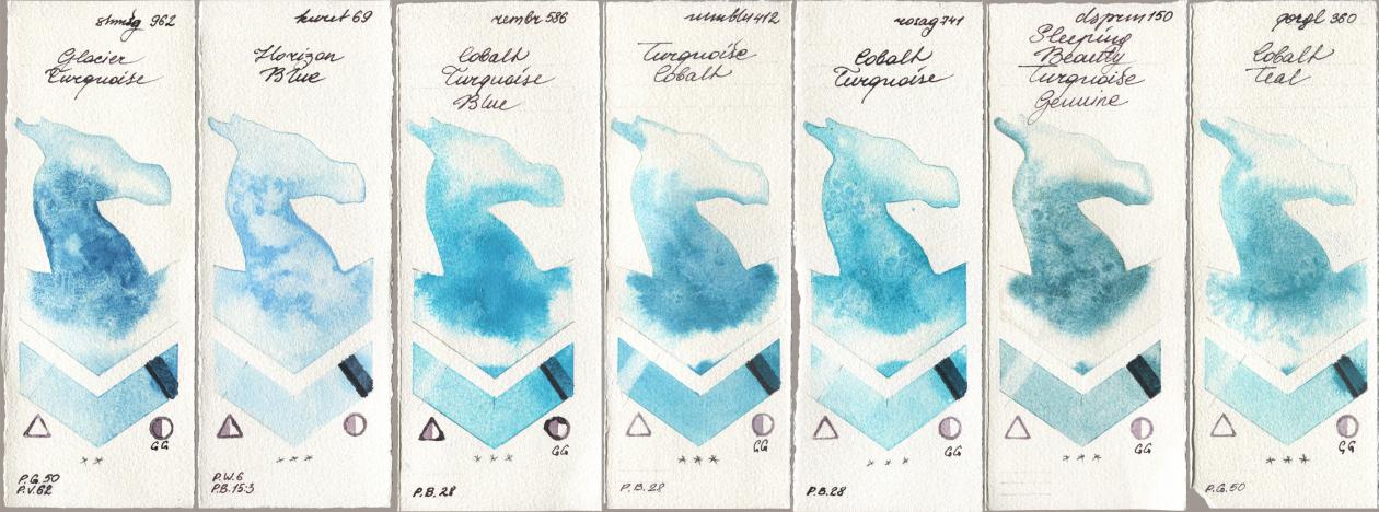 Shminke Horadam Aquarell 962 Glacier Turquoise, Kuretake Gansai Tambi 069 Horizon Blue, Royal Talens Rembrandt Watercolour 586 Cobalt Turquoise Blue, Maimeri Blu 412 Turquoise Cobalt, Rosa Gallery 741 Cobalt Turquoise, Daniel Smith 150 Sleeping Beauty Turquoise Genuine, Golden QOR 360 Cobalt Te watercolor swatch