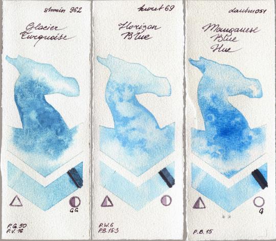 Shminke Horadam Aquarell 962 Glacier Turquoise vs Kuretake Gansai Tambi 69 Horizon Blue vs Daniel Smith 051 Manganese Blue Hue watercolor swatch