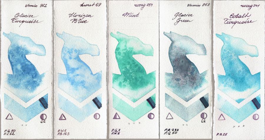 Shminke Horadam Aquarell 962 Glacier Turquoise vs Kuretake Gansai Tambi 69 Horizon Blue vs Rosa Gallery 754 Mint vs 963 Glacier Green vs 741 Cobalt Turquoise watercolor swatch