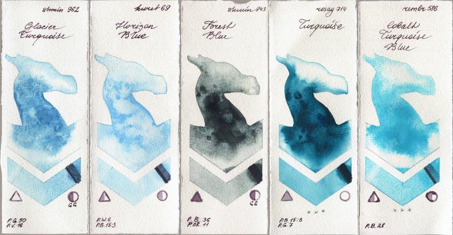 Shminke Horadam Aquarell 962 Glacier Turquoise vs Kuretake Gansai Tambi 69 Horizon Blue vs 943 Forest Blue vs Rosa Gallery 714 Turquiose vs Royal Talens Rembrandt Watercolour 586 Cobalt Turquoise Blue watercolor swatch