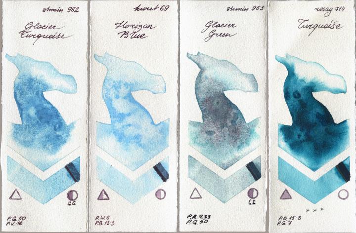 Shminke Horadam Aquarell 962 Glacier Turquoise vs Kuretake Gansai Tambi 69 Horizon Blue vs 963 Glacier Green vs Rosa Gallery 714 Turquiose watercolor swatch