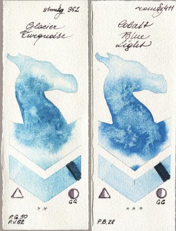 Shminke Horadam Aquarell 962 Glacier Turquoise, Roman Szmal Aquarius 411 Cobalt Blue Lig watercolor swatch