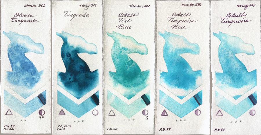 Shminke Horadam Aquarell 962 Glacier Turquoise vs Rosa Gallery 714 Turquiose vs Daniel Smith 028 Cobalt Teal Blue vs Royal Talens Rembrandt Watercolour 586 Cobalt Turquoise Blue vs 741 Cobalt Turquoise watercolor swatch