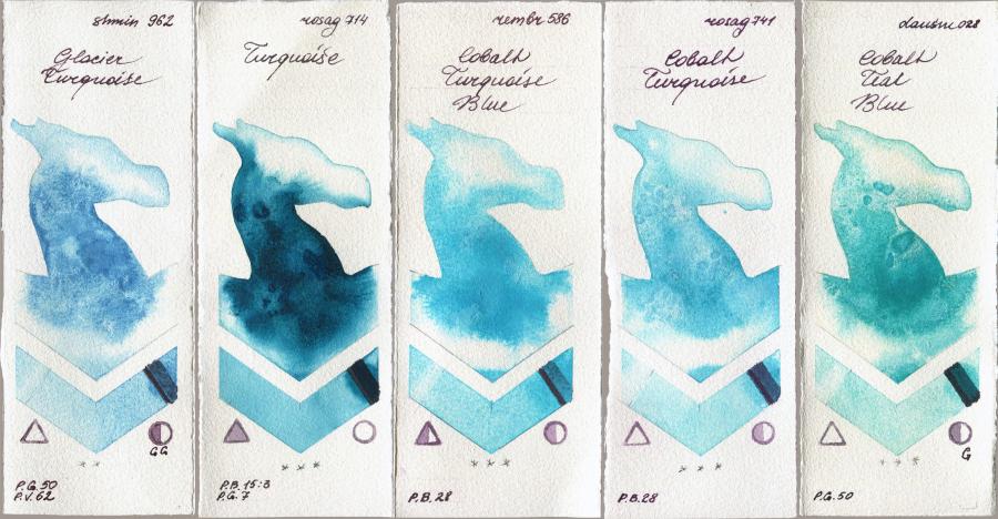 Shminke Horadam Aquarell 962 Glacier Turquoise vs Rosa Gallery 714 Turquiose vs Royal Talens Rembrandt Watercolour 586 Cobalt Turquoise Blue vs 741 Cobalt Turquoise vs Daniel Smith 028 Cobalt Teal Blue watercolor swatch