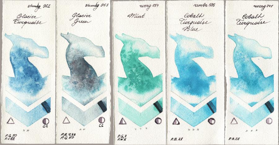 Shminke Horadam Aquarell 962 Glacier Turquoise vs 963 Glacier Green vs Rosa Gallery 754 Mint vs Royal Talens Rembrandt Watercolour 586 Cobalt Turquoise Blue vs 741 Cobalt Turquoise watercolor swatch