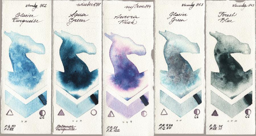 Shminke Horadam Aquarell 962 Glacier Turquoise vs Winsor & Newton Professional 697 Aqua Green vs Mijello Mission Gold 814 Aurora Pink vs 963 Glacier Green vs 943 Forest Blue watercolor swatch