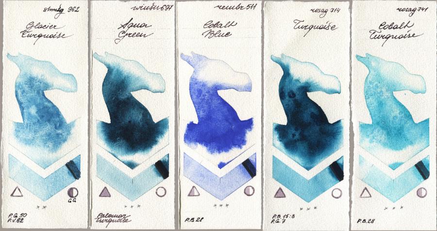 Shminke Horadam Aquarell 962 Glacier Turquoise vs Winsor & Newton Professional 697 Aqua Green vs Royal Talens Rembrandt Watercolour 511 Cobalt Blue vs Rosa Gallery 714 Turquiose vs 741 Cobalt Turquoise watercolor swatch