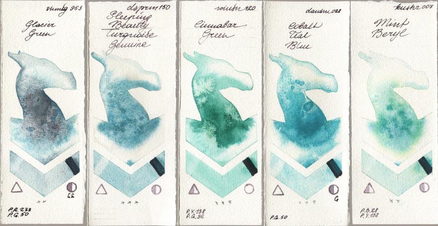 Shminke Horadam Aquarell 963 Glacier Green vs Daniel Smith 150 Sleeping Beauty Turquoise Genuine vs Winsor & Newton Professional 420 Cinnabar Green vs 028 Cobalt Teal Blue vs Kusakabe 007 Mint Beryl watercolor swatch