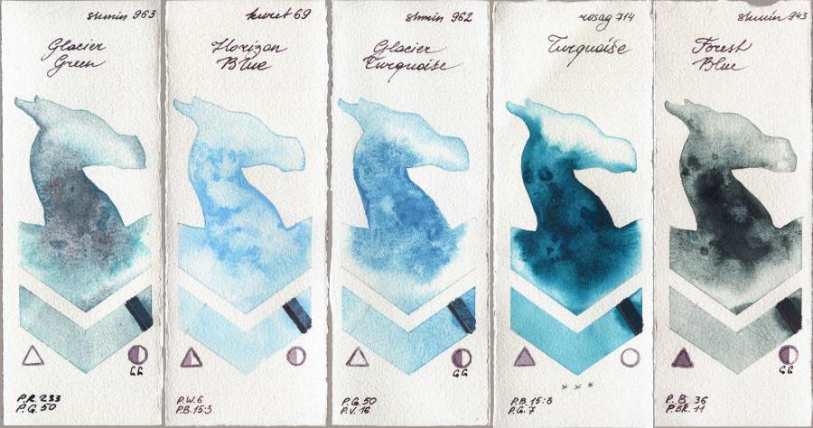 Shminke Horadam Aquarell 963 Glacier Green vs Kuretake Gansai Tambi 69 Horizon Blue vs 962 Glacier Turquoise vs Rosa Gallery 714 Turquiose vs 943 Forest Blue watercolor swatch