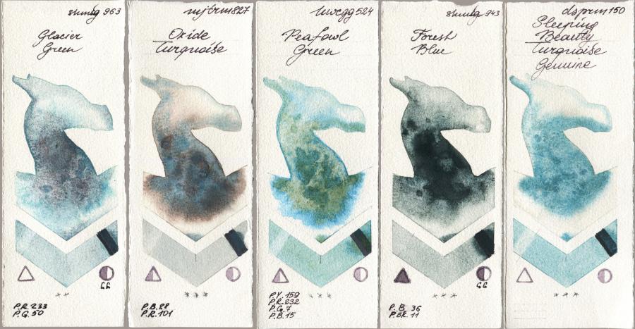 Shminke Horadam Aquarell 963 Glacier Green vs Mijello Mission Gold 827 Oxide Turquoise vs Holbein Artists Watercolor 524 Peafowl Green vs 943 Forest Blue vs Daniel Smith 150 Sleeping Beauty Turquoise Genuine watercolor swatch