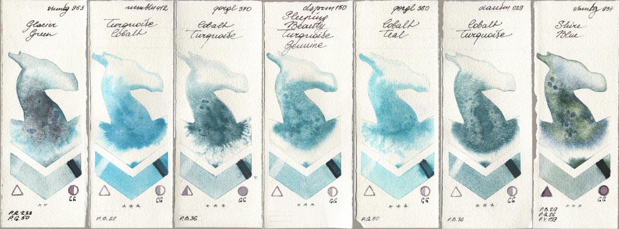 Shminke Horadam Aquarell 963 Glacier Green, Maimeri Blu 412 Turquoise Cobalt, Golden QOR 370 Cobalt Turquoise, Daniel Smith 150 Sleeping Beauty Turquoise Genuine, 360 Cobalt Teal, 029 Cobalt Turquoise, 934 Shire Bl watercolor swatch