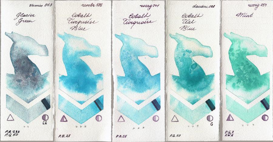 Shminke Horadam Aquarell 963 Glacier Green vs Royal Talens Rembrandt Watercolour 586 Cobalt Turquoise Blue vs Rosa Gallery 741 Cobalt Turquoise vs Daniel Smith 028 Cobalt Teal Blue vs 754 Mint watercolor swatch