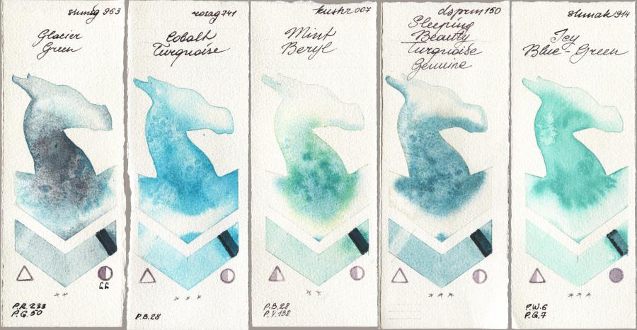 Shminke Horadam Aquarell 963 Glacier Green vs Rosa Gallery 741 Cobalt Turquoise vs Kusakabe 007 Mint Beryl vs Daniel Smith 150 Sleeping Beauty Turquoise Genuine vs Shminke Akademie Aquarell 914 Icy Blue-Green watercolor swatch