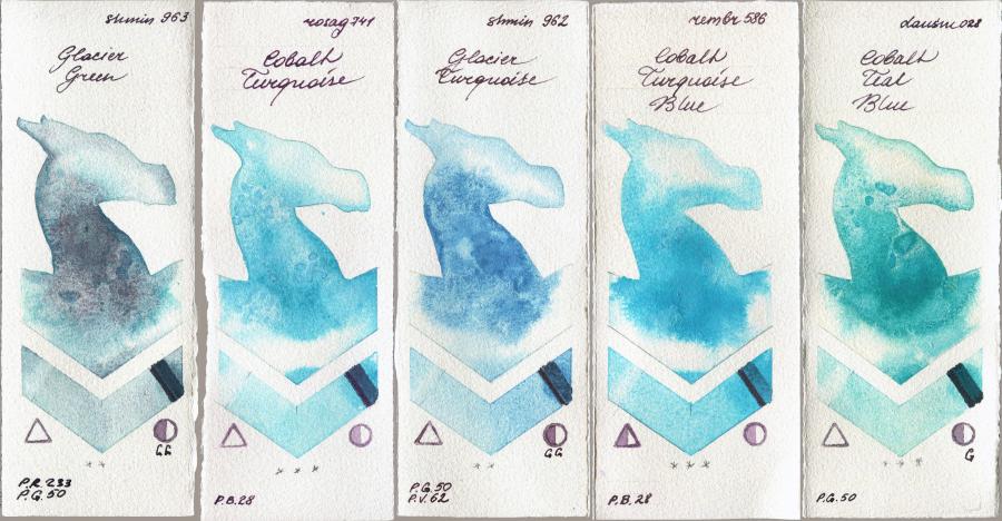 Shminke Horadam Aquarell 963 Glacier Green vs Rosa Gallery 741 Cobalt Turquoise vs 962 Glacier Turquoise vs Royal Talens Rembrandt Watercolour 586 Cobalt Turquoise Blue vs Daniel Smith 028 Cobalt Teal Blue watercolor swatch