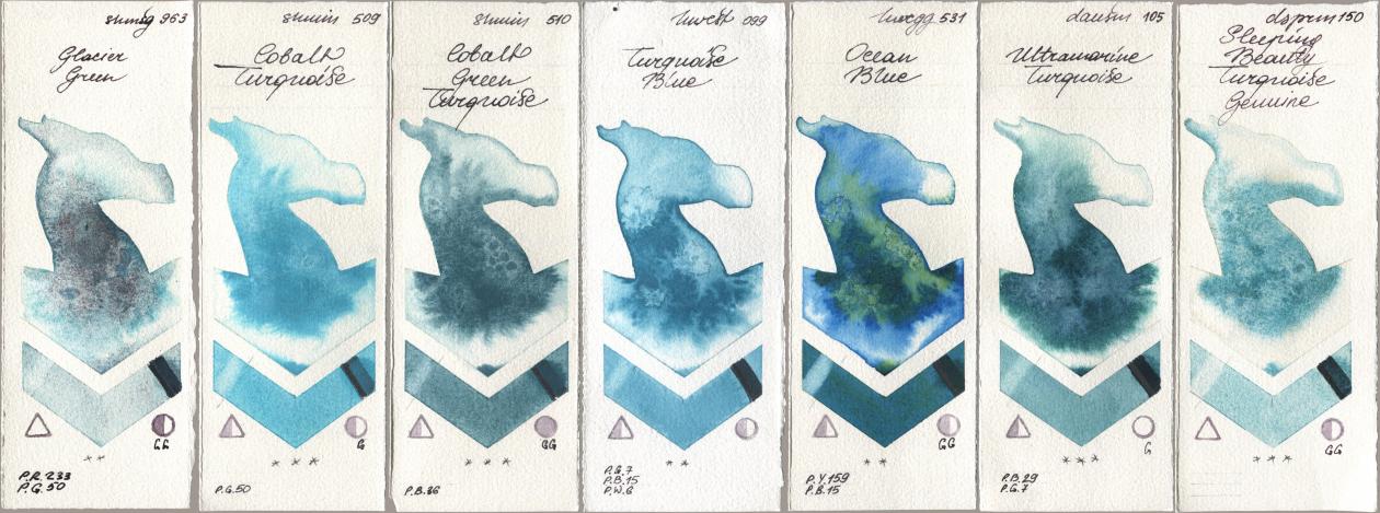 Shminke Horadam Aquarell 963 Glacier Green, 509 Cobalt Turquoise, 510 Cobalt Green Turquoise, Holbein Artists Watercolor 099 Turquoise Blue, 531 Ocean Blue, Daniel Smith 105 Ultramarine Turquoise, 150 Sleeping Beauty Turquoise Genui watercolor swatch