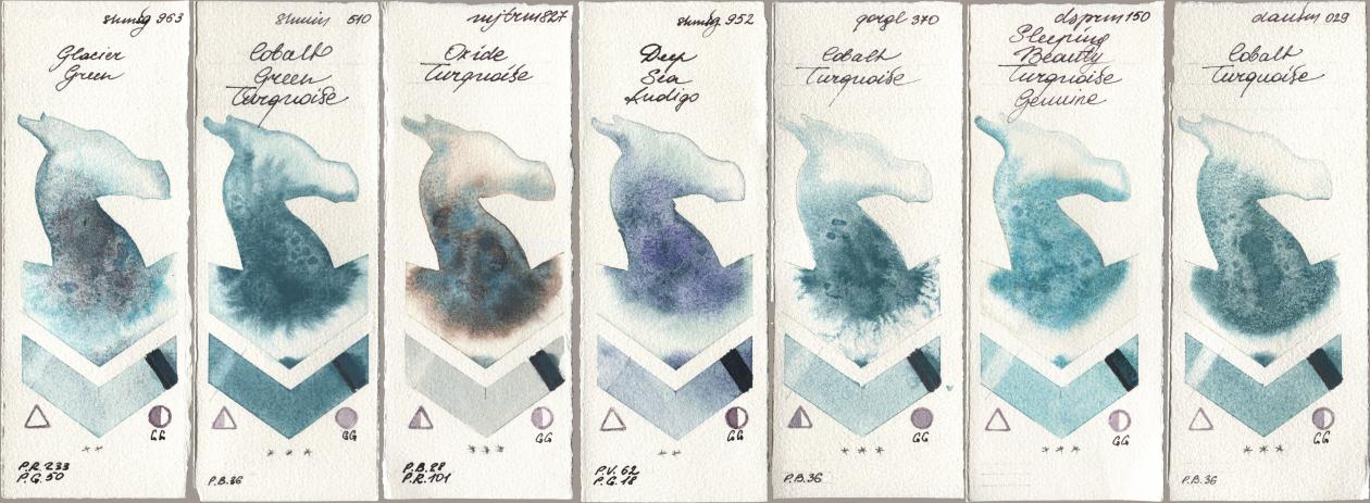 Shminke Horadam Aquarell 963 Glacier Green, 510 Cobalt Green Turquoise, Mijello Mission Gold 827 Oxide Turquoise, 952 Deep Sea Indigo, Golden QOR 370 Cobalt Turquoise, Daniel Smith 150 Sleeping Beauty Turquoise Genuine, 029 Cobalt Turquoi watercolor swatch