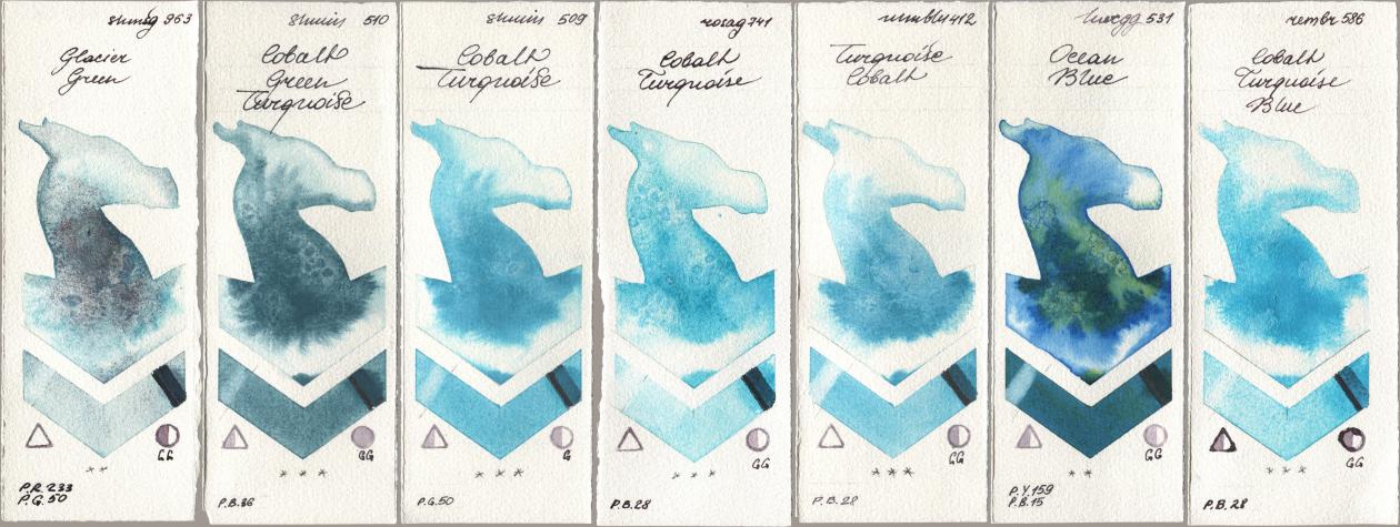 Shminke Horadam Aquarell 963 Glacier Green, 510 Cobalt Green Turquoise, 509 Cobalt Turquoise, Rosa Gallery 741 Cobalt Turquoise, Maimeri Blu 412 Turquoise Cobalt, Holbein Artists Watercolor 531 Ocean Blue, Royal Talens Rembrandt Watercolour 586 Cobalt Turquoise Bl watercolor swatch